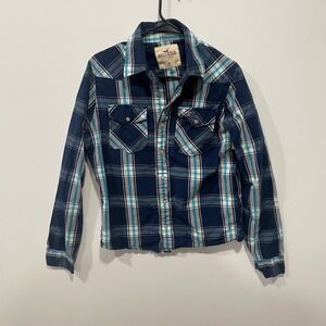 Hollister Mens Plaid Long Sleeve Snap Button‎ Shirt Blue Turquoise M